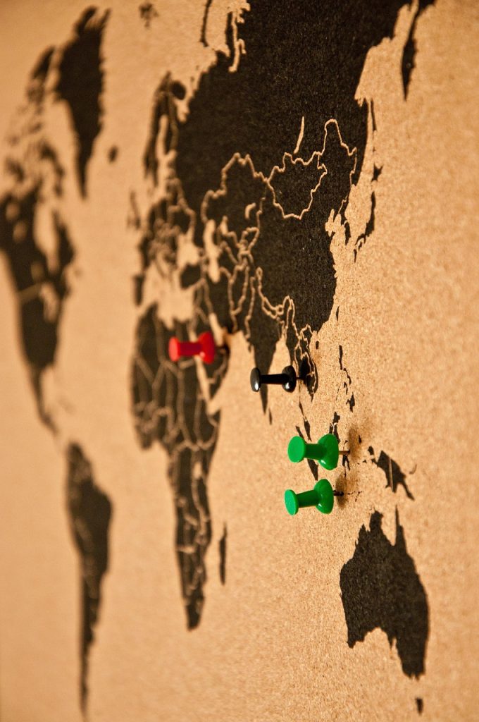 pin board, bulletin board, map of the world, wall panel, pins, cork wall, pin, world travel, asia