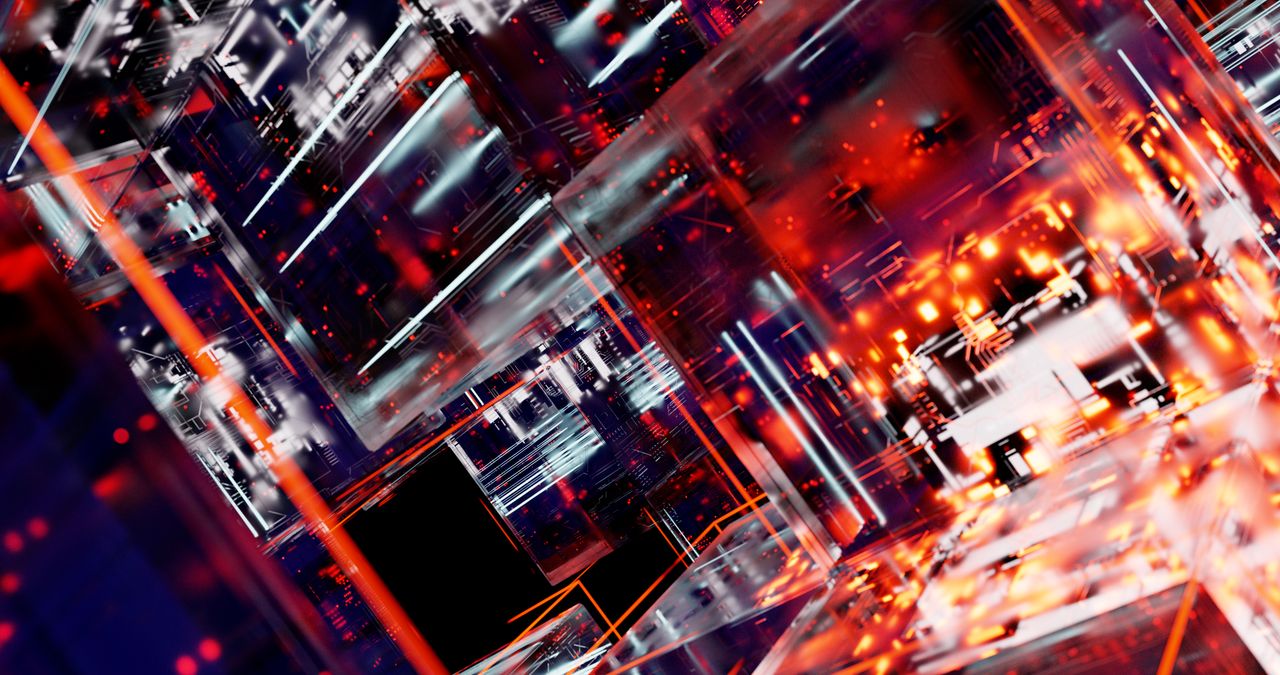 Abstract futuristic cyber landscape with digital matrix and glowing lights.